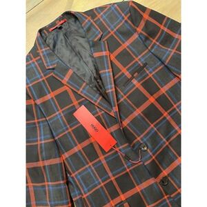 HUGO Hugo Boss Blazer Mens 44R Black Red Blue Plaid Tartan 2 Button Notch‎ Lapel